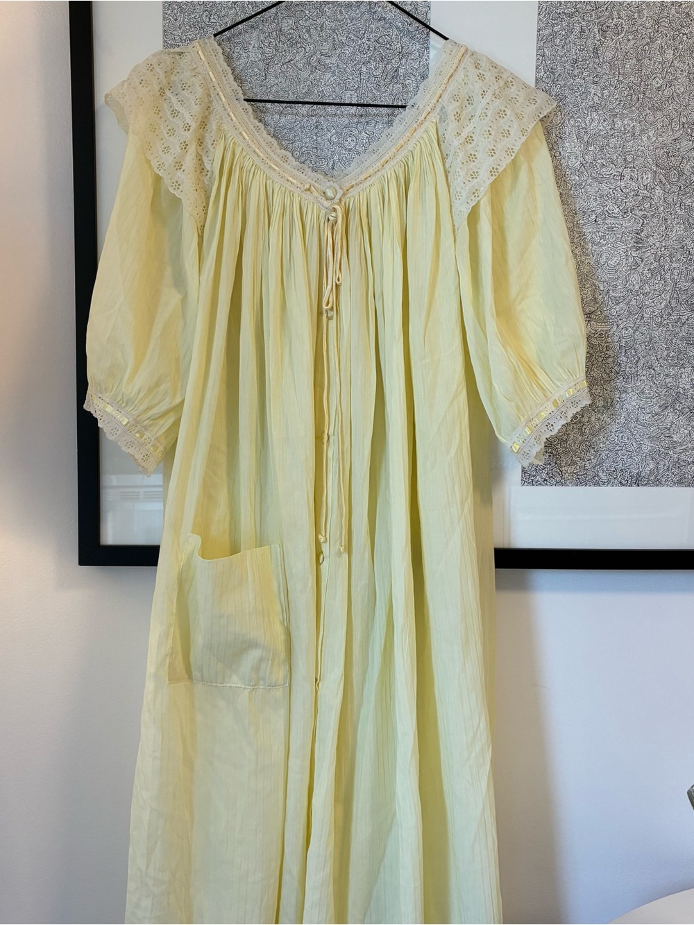 Light Yellow Cotton Nightgown Robe with Lace Trim